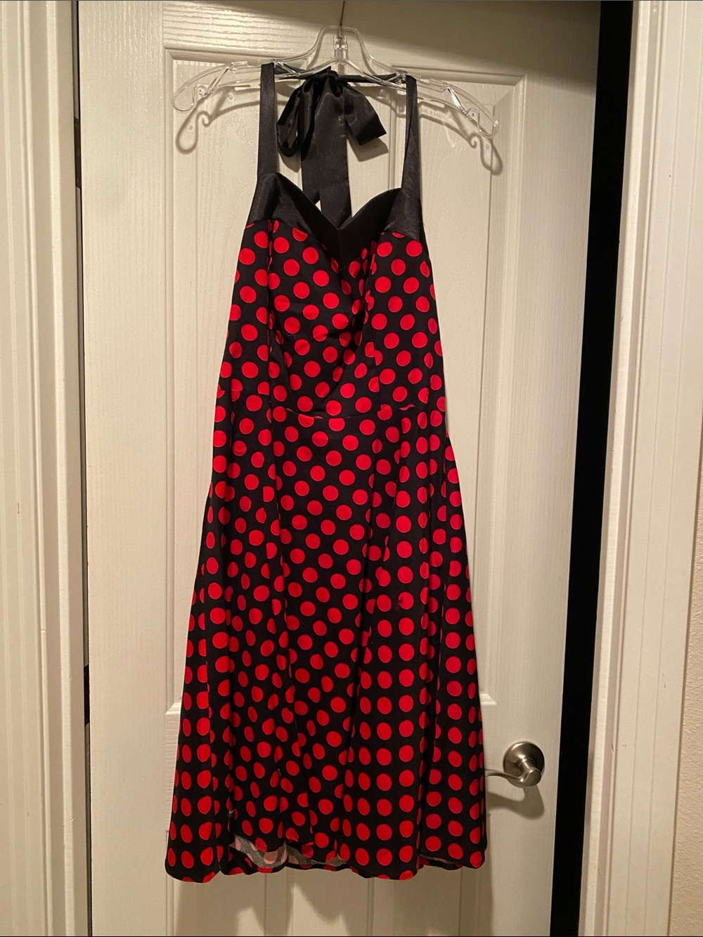 Black Halter Polka Dot Midi Dress with Red Dots